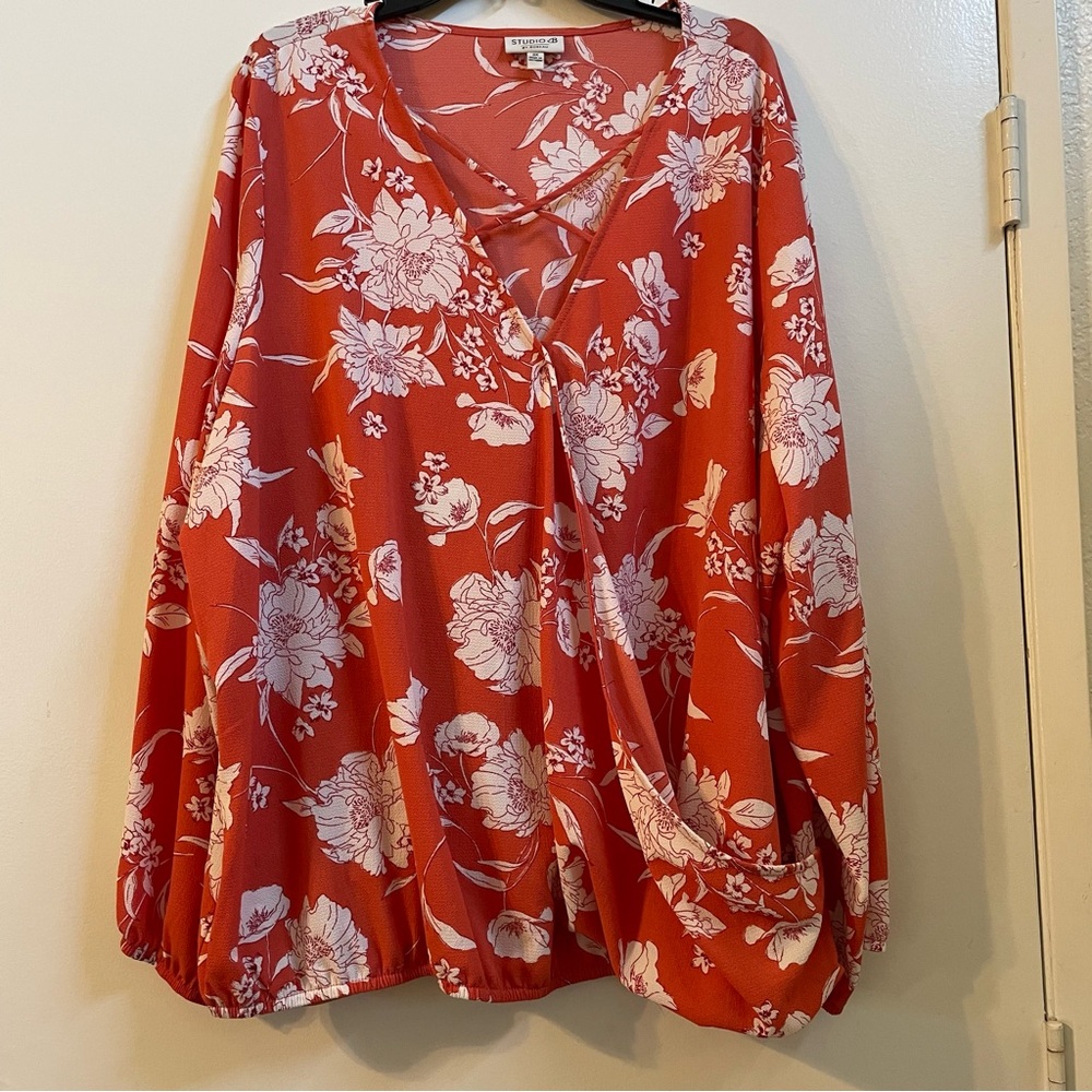 Studio B Coral and White Floral Wrap-Style Blouse